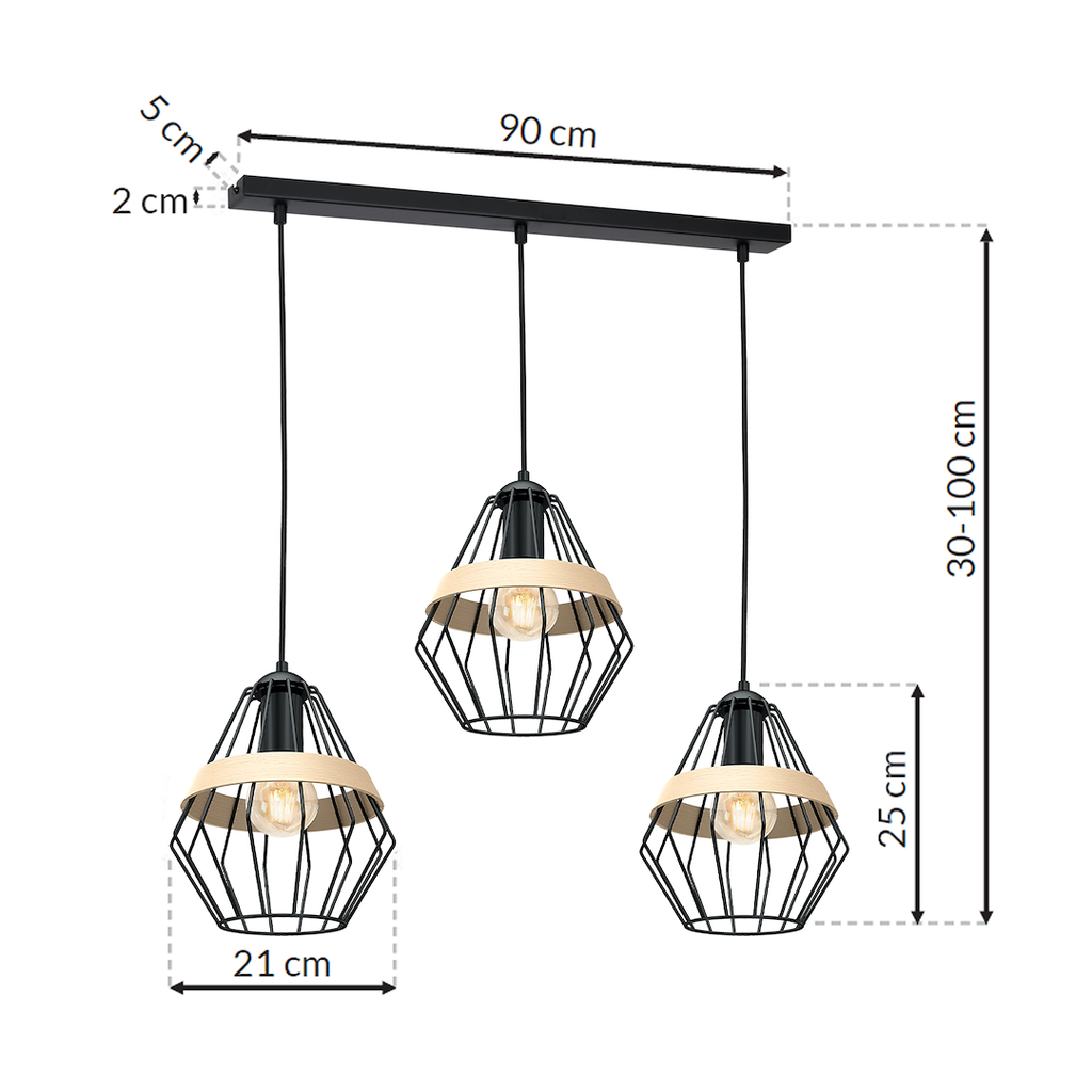 Pendelleuchte CLIFF Schwarz & Holz (3x E27) - Milagro