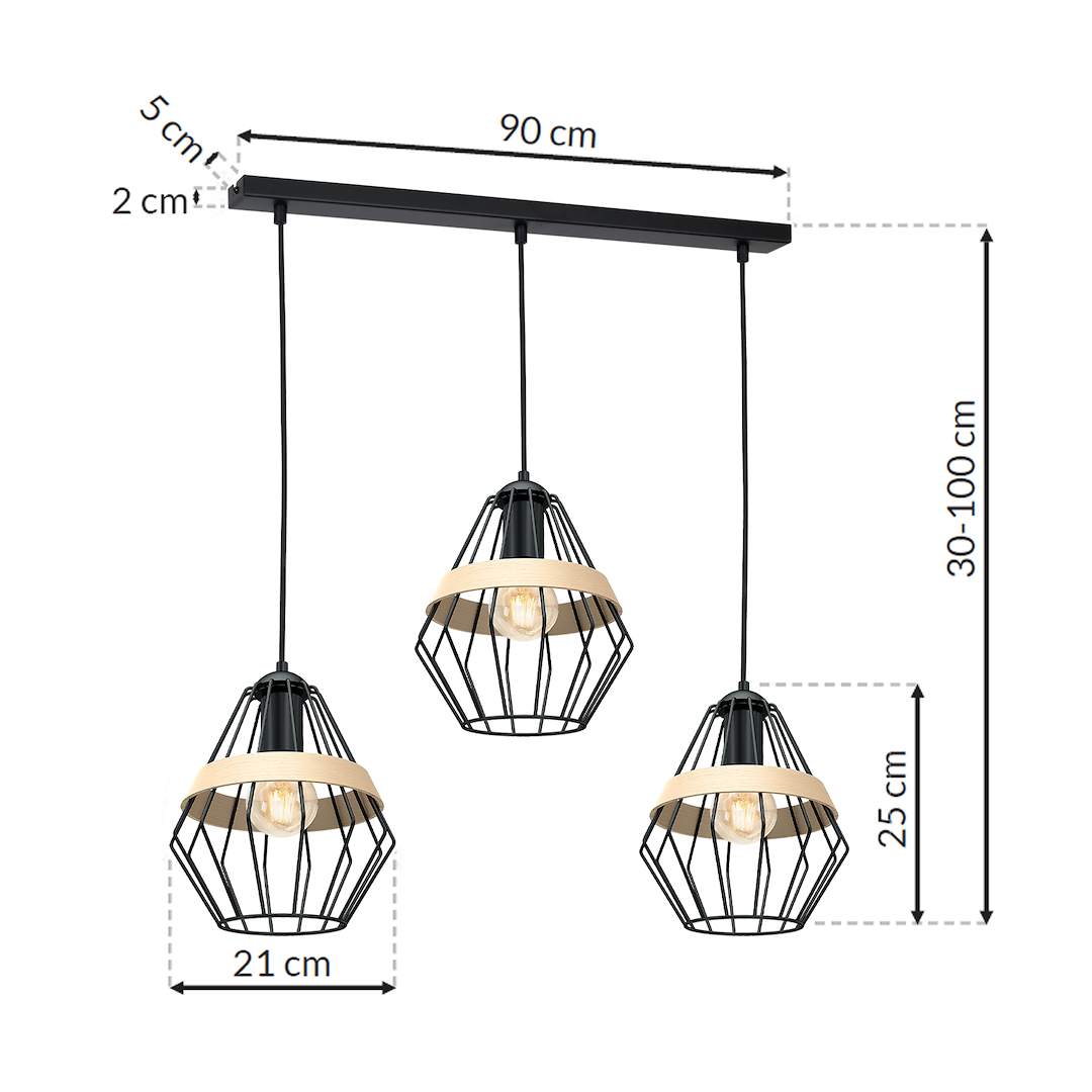 Pendelleuchte CLIFF Schwarz & Holz (3x E27) - Milagro
