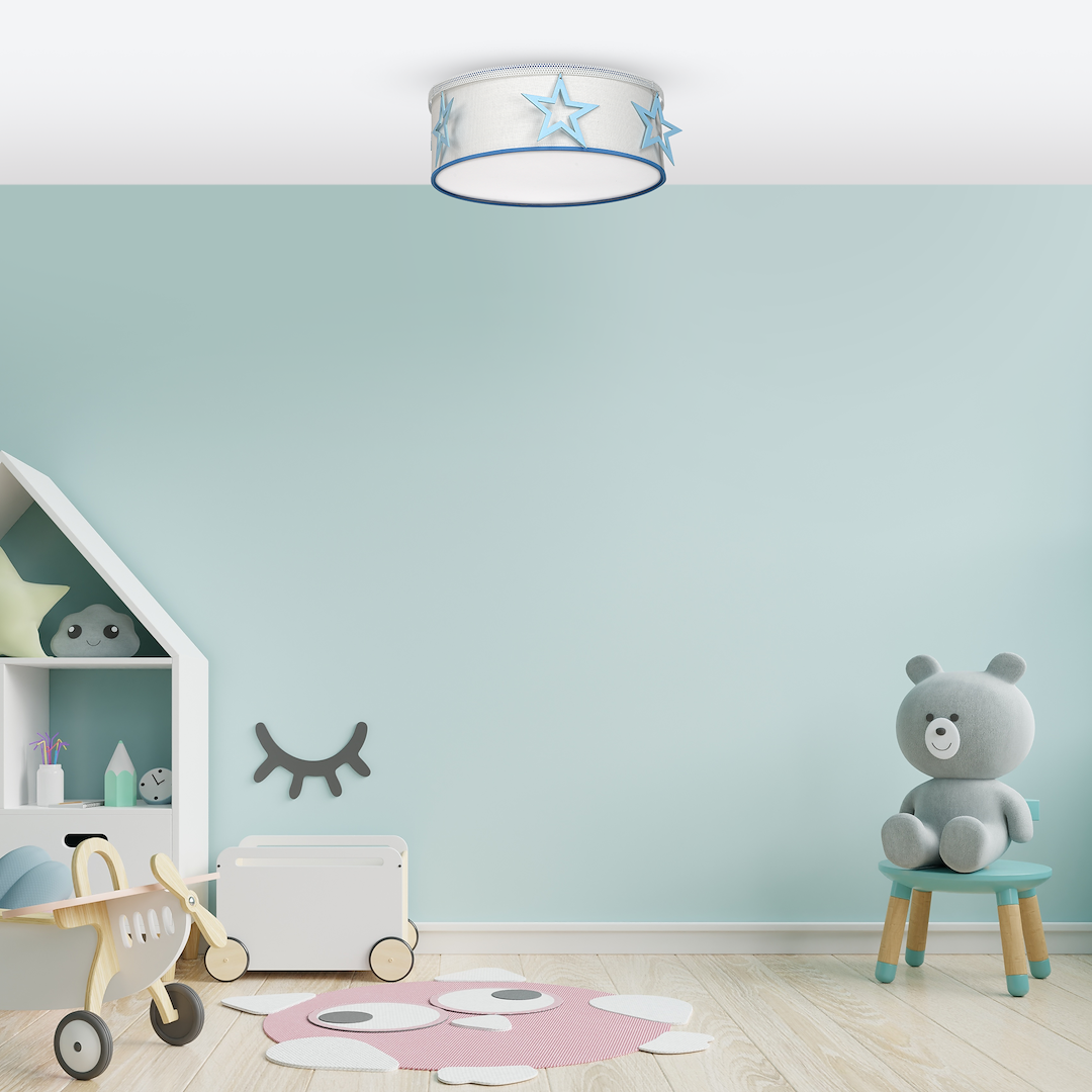 Kinder-Deckenleuchte STAR (2x E27) Textil, Stoff & Holz Sterne (blau) - Milagro
