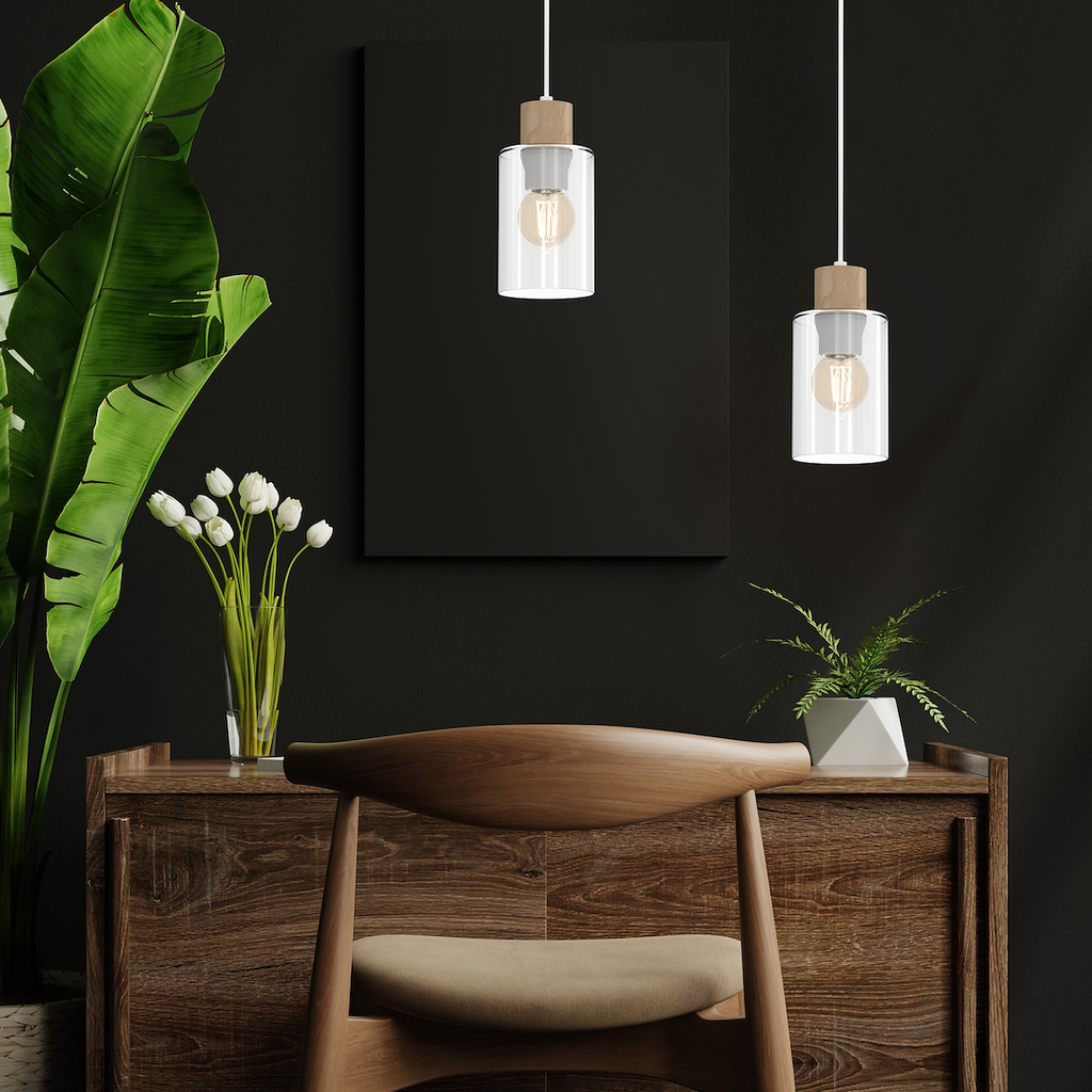 Pendelleuchte MADERA Weiß, Holz & Glas (1x E27) - Milagro