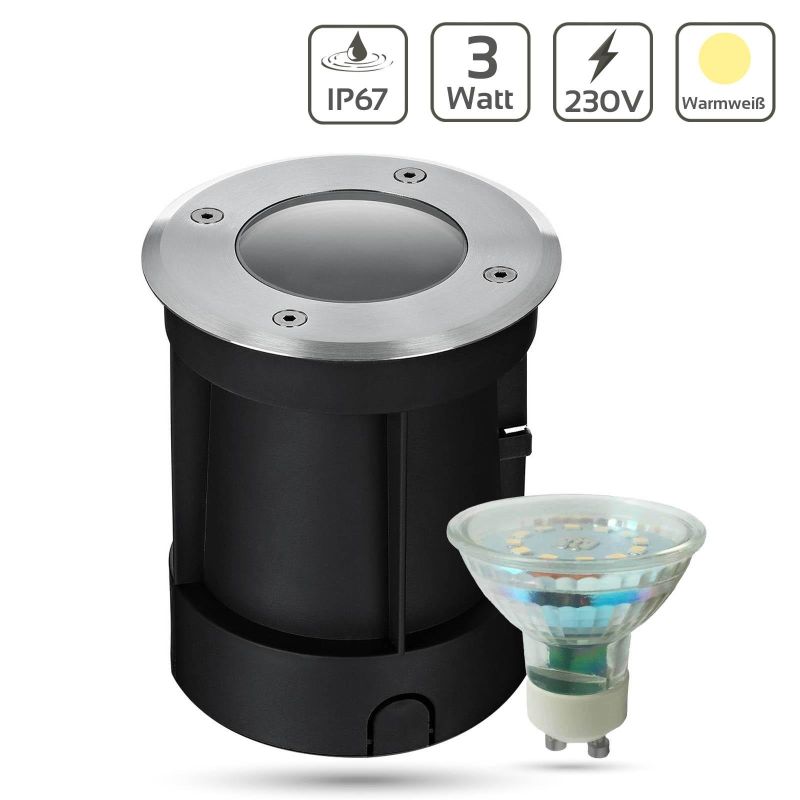 LED Bodeneinbaustrahler rund Set 1x Gartenstrahler 230V IP67 GU10 3W 2700K