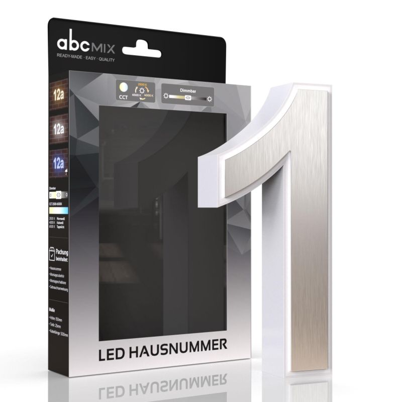 LED Hausnummer 1 inkl. Edelstahl-Cover - CCT 12V 2700K/4000K/6500K