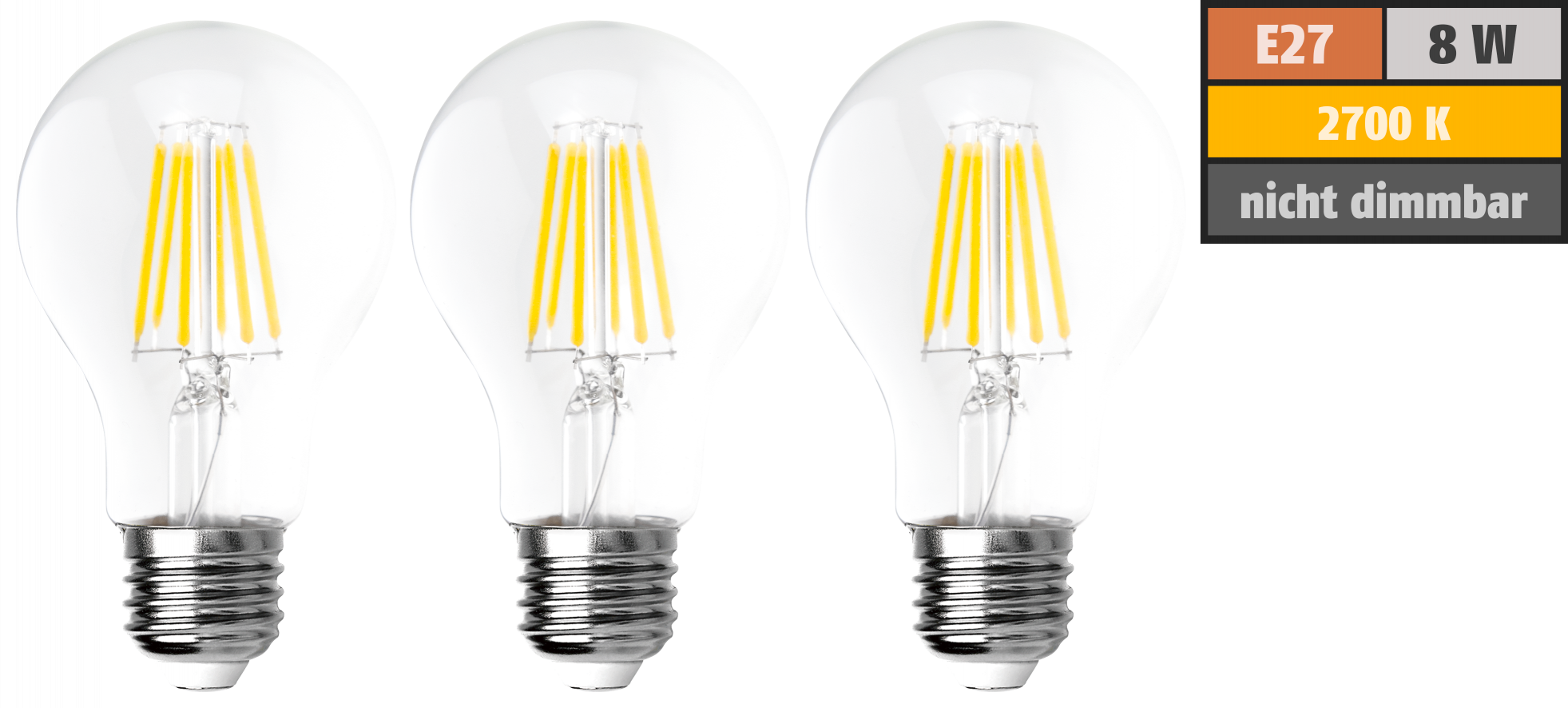 LED Filament Set LEDeco, 3x Glühlampe, E27, 8W, 1055lm, warmweiß, klar