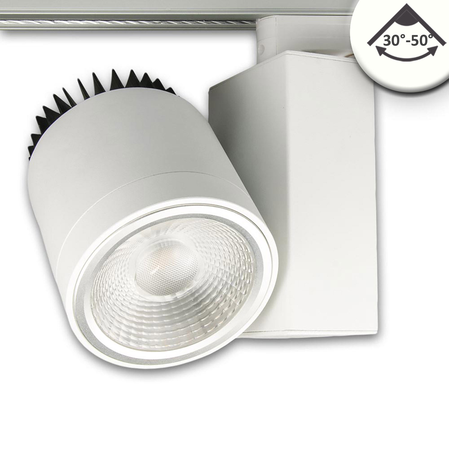 3-PH Schienen-Strahler fokussierbar, 36W, 30°-50°, weiß matt, 4000K, CRI92, DALI dimmbar