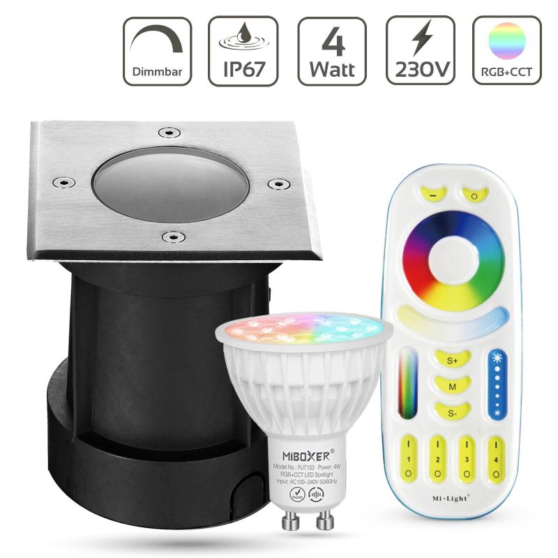 LED Bodeneinbaustrahler eckig Set 1x Gartenstrahler 230V IP67 GU10 RGB+CCT DIMMBAR inkl. Fernbedienung