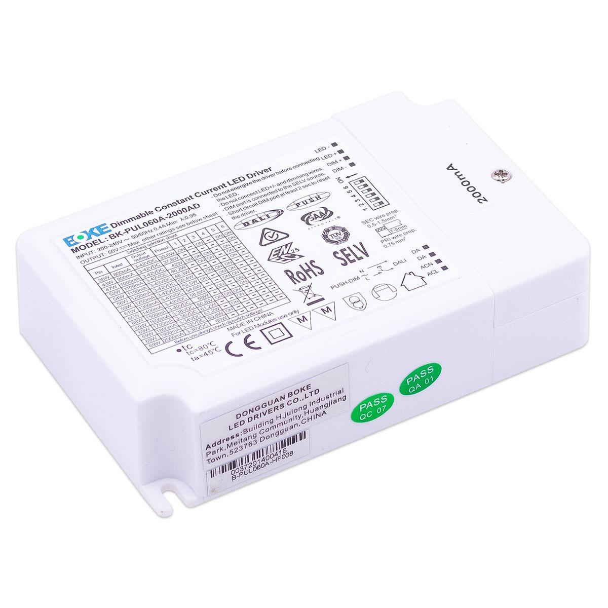 LED Treiber 60W 3-42V 0.8-2A IP20 dimmbar DALI / 1-10V / PUSH, BOKE BK-PUL060A-2000AD Konstantstrom CC