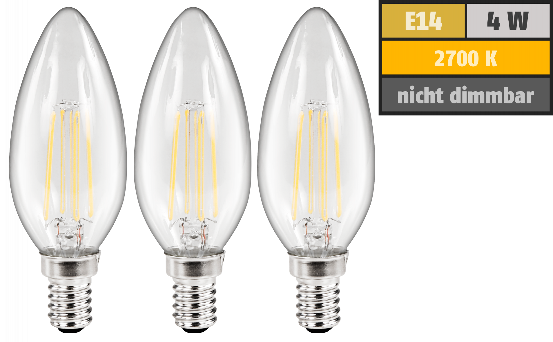 LED Filament Set LEDeco, 3x Kerzenlampe, E14, 3.6W, 360lm, warmweiß, klar