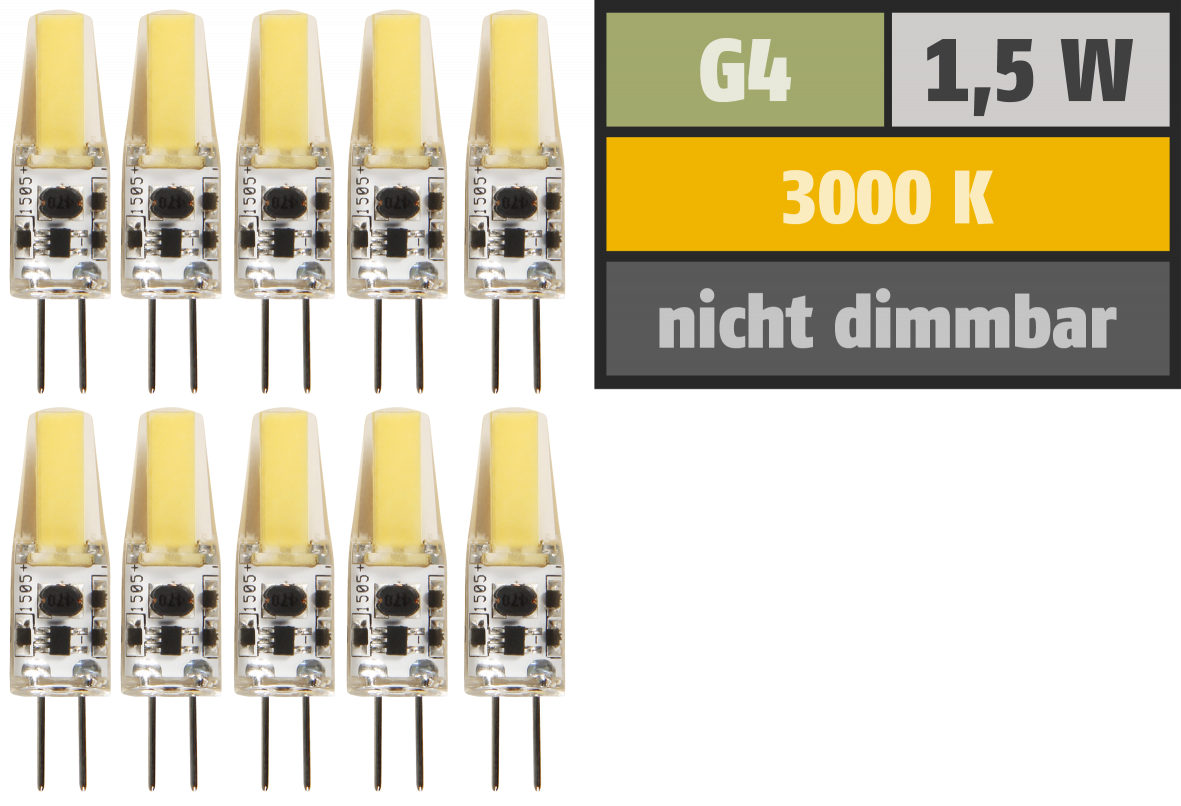 LED-Stiftsockellampe LEDeco Silicia COB, G4, 1,5W, 200lm, warmweiß, 10er-Pack