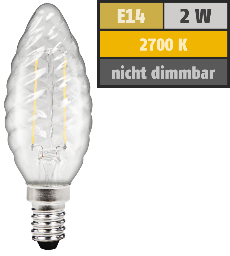 LED Filament Kerzenlampe gedreht LEDeco Filed, E14, 2W, 260 lm, warmweiß, klar