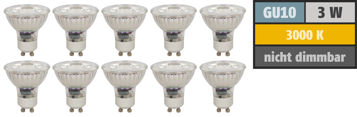 LED-Strahler LEDeco MCOB GU10, 3W, 250 lm, warmweiß, 10er-Pack