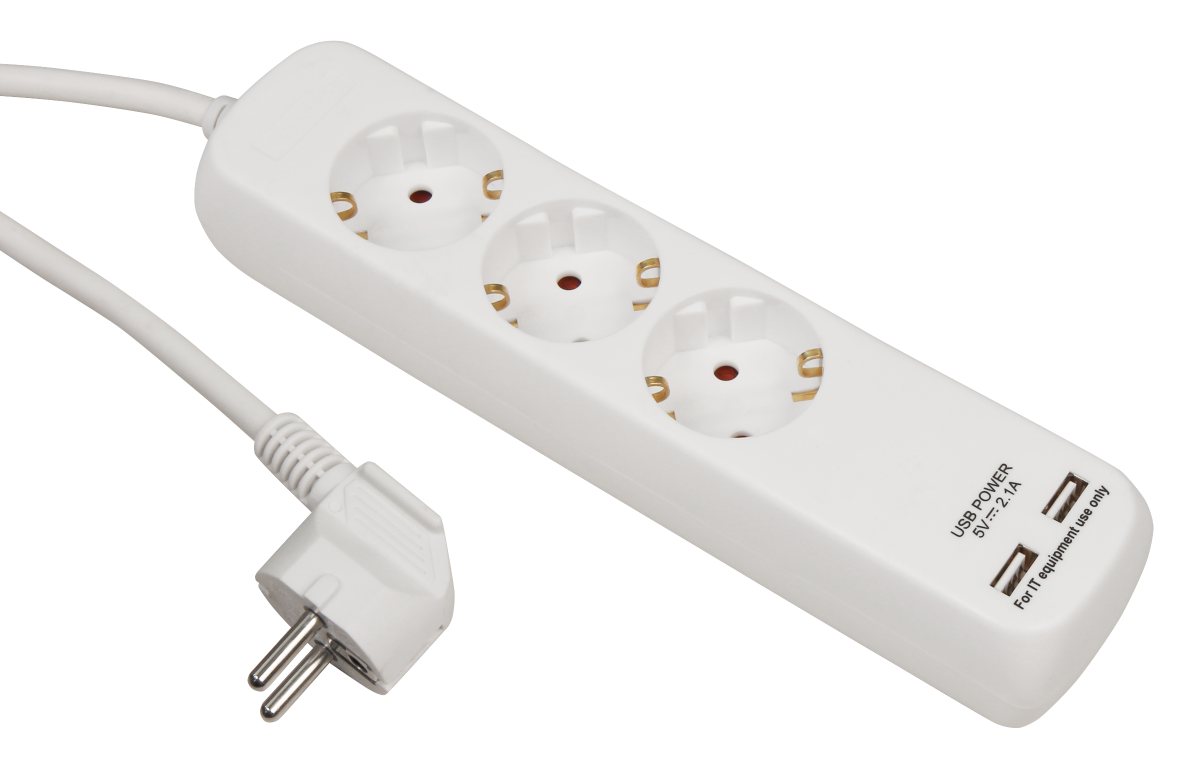 Steckdosenleiste LEDeco, 3-fach mit Einsteckschutz, 2x USB, 1,5m Zuleitung