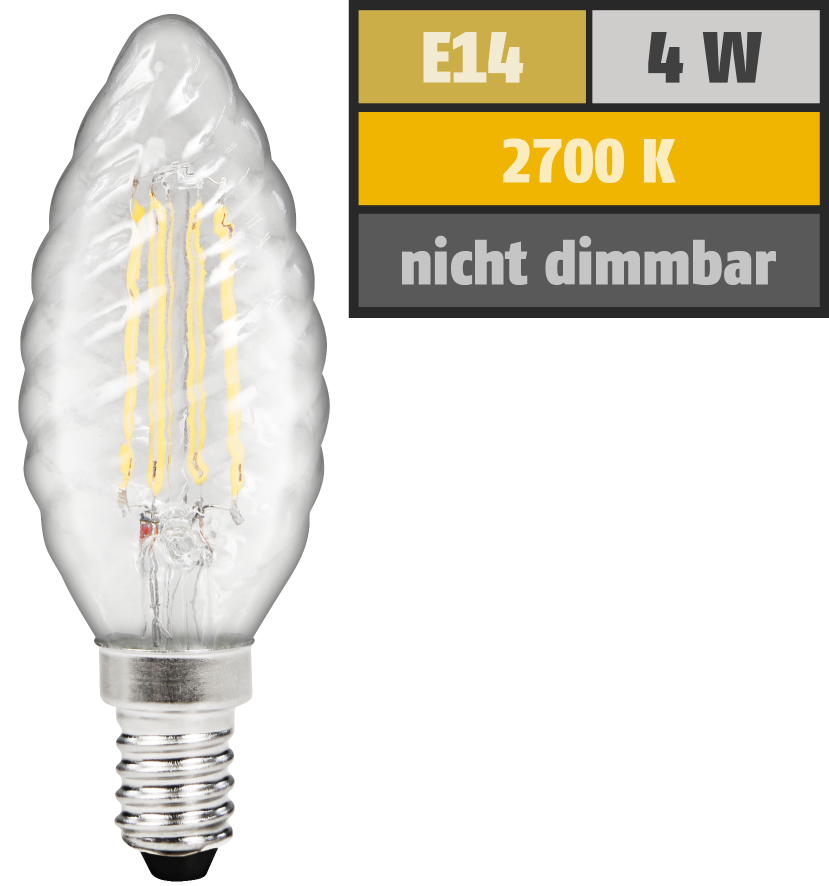 LED Filament Kerzenlampe gedreht LEDeco Filed, E14, 4W, 490 lm, warmweiß, klar