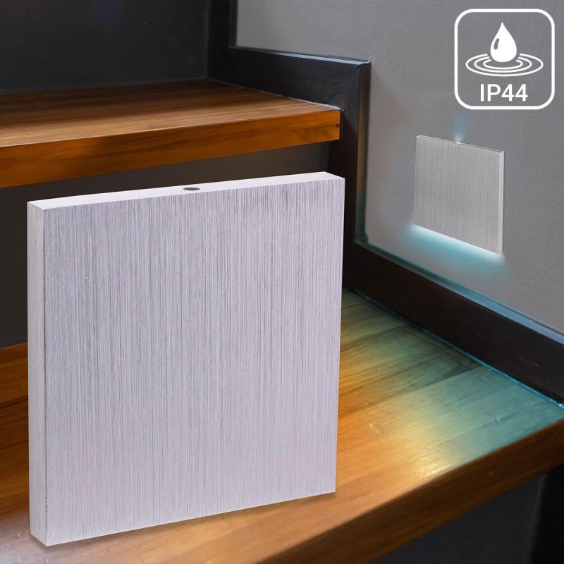 IP44 LED Treppenbeleuchtung 230V Wandeinbauleuchte eckig Alu-gebürstet - Unterteil Lichtfarbe: Kaltweiß 6000K 1,5W