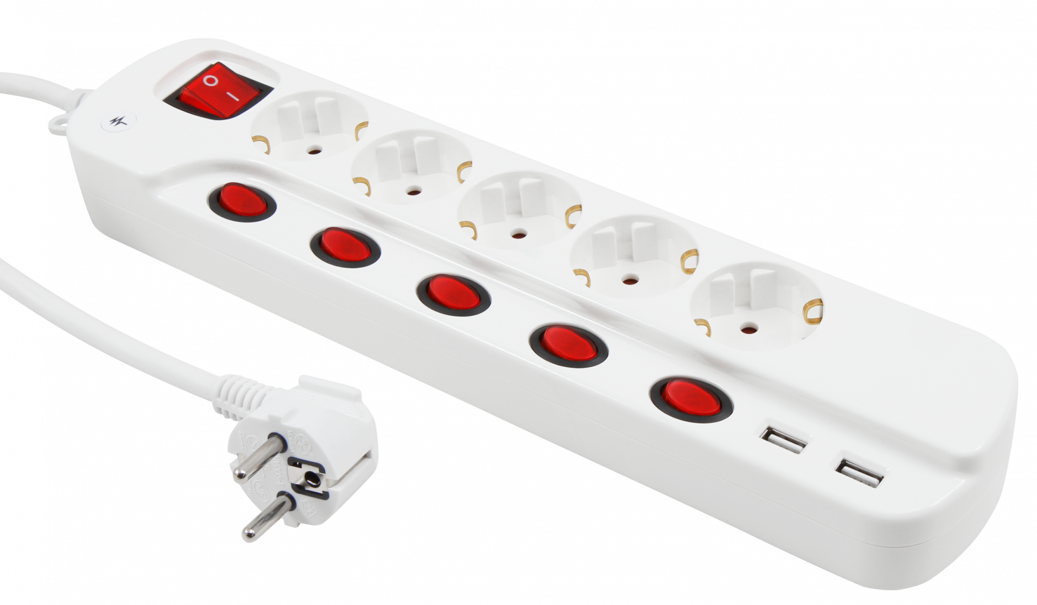 Steckdosenleiste LEDeco, 5-fach mit Einzelschaltung + 2x USB, 1,5m Zuleitung