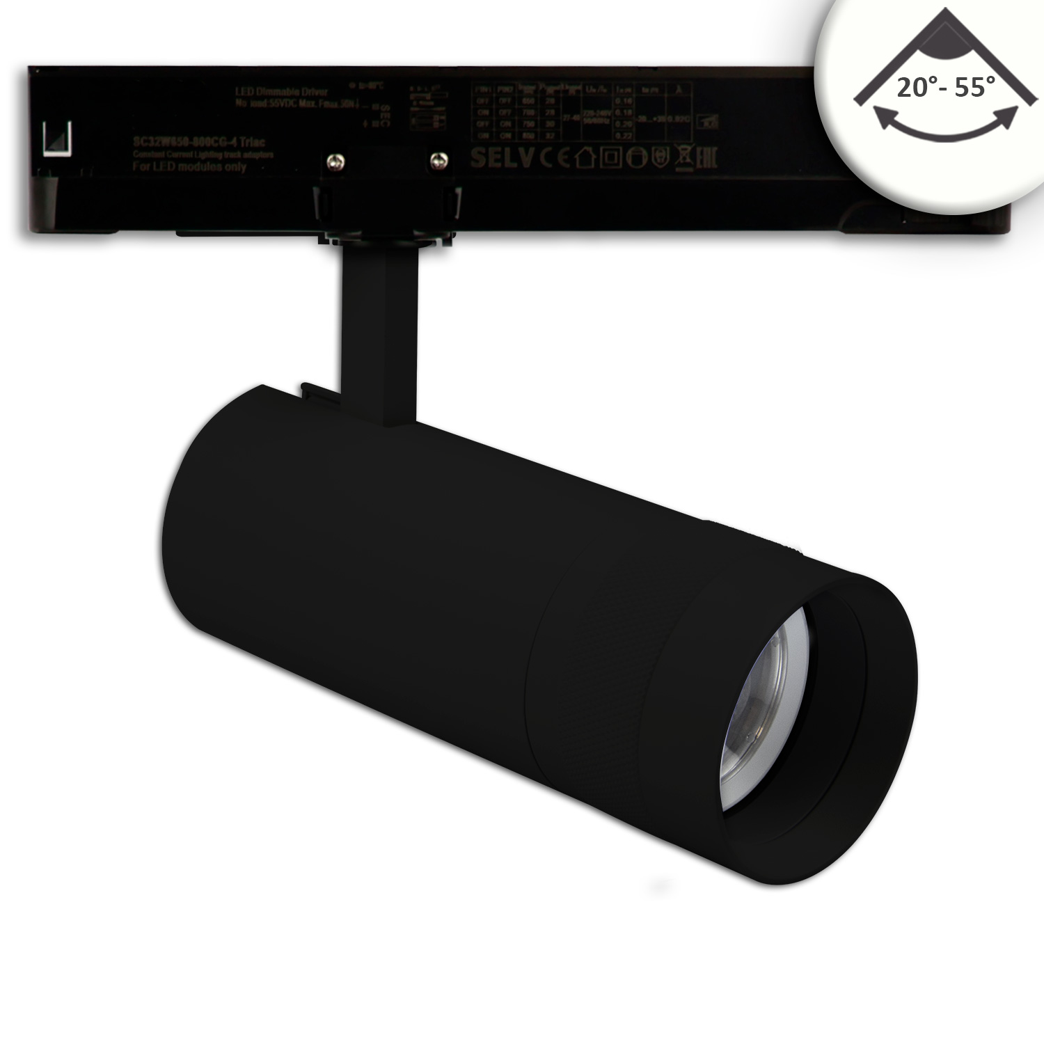 3-PH Schienen-Strahler fokussierbar, 24W, 20°-55°, schwarz matt, 4000K, dimmbar