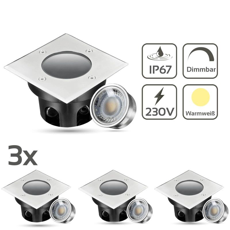 LED Bodeneinbaustrahler FLACH eckig Set 3x Gartenstrahler 230V IP67