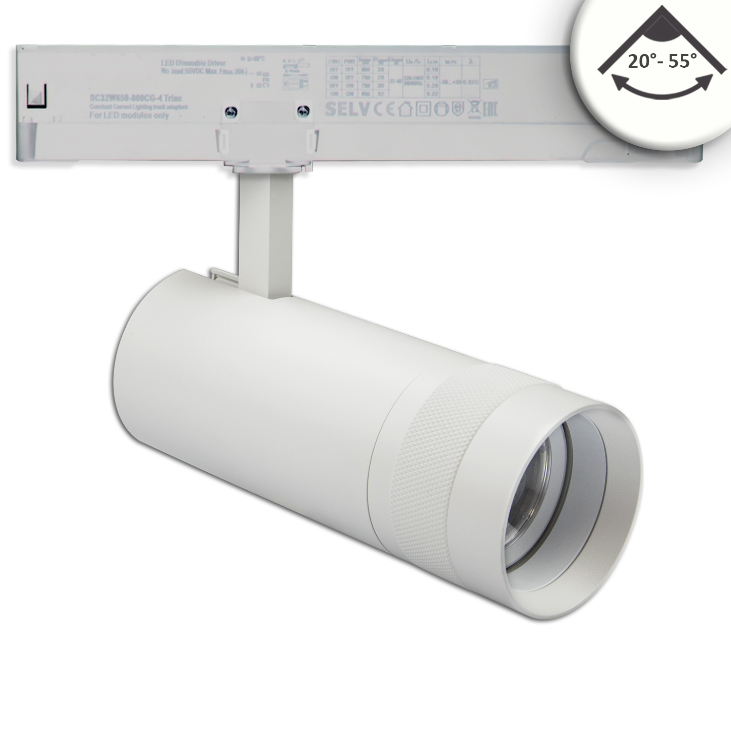 3-PH Schienen-Strahler fokussierbar, 24W, 20°-55°, weiß matt, 4000K, dimmbar