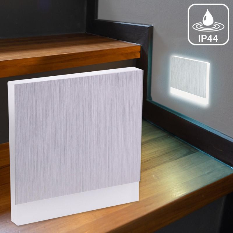 IP44 LED Treppenstufenleuchte 230V Wandleuchte eckig Alu-gebürstet - Unterteil Lichtfarbe: Kaltweiß 6000K 1,5W