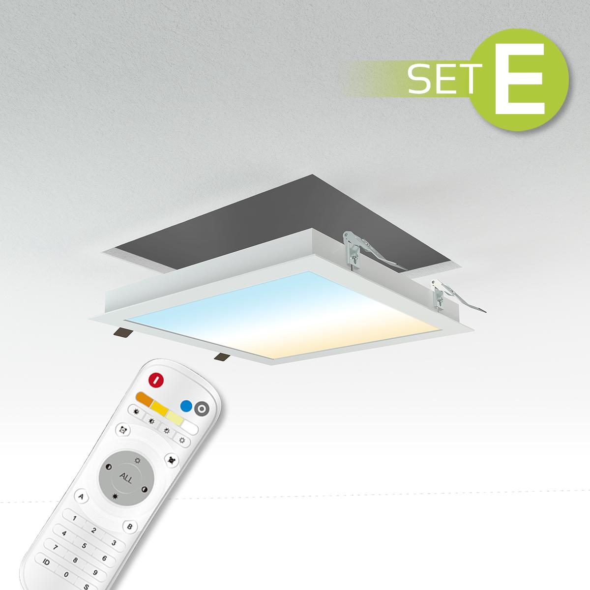 CCT LED Panel Set E | 30x30 18W 3000K-6000K Einbau-Rahmen weiß Netzteil Fernbedienung