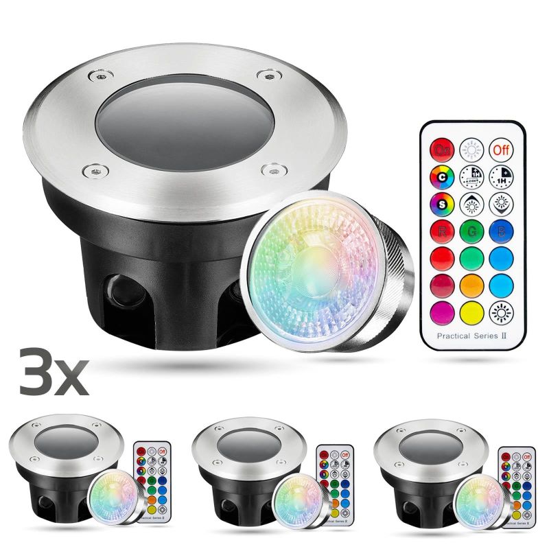 LED Bodeneinbaustrahler FLACH rund Set 3x Gartenstrahler 230V IP67 3W RGB+3000K DIMMBAR 60°