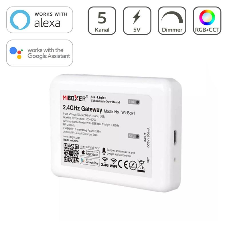 MiBoxer WiFi 2.4GHz Bridge Alexa und Google Sprachsteuerung Gateway WL-Box1