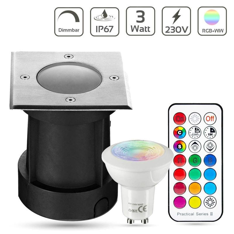 LED Bodeneinbaustrahler eckig Set 1x Gartenstrahler 230V IP67 GU10 3W RGBW ink. IR Fernbedienung