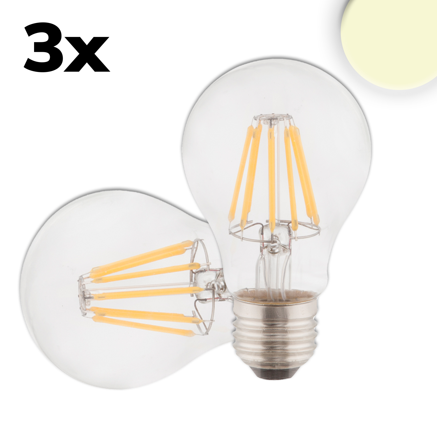 E27 LED Birne, 7W, klar, warmweiß, 3er Pack